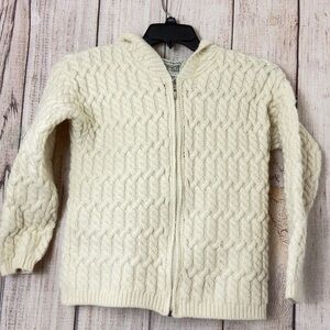 Aran Crafts Vtg Wool Zip Up Hood Sweater Cable Fisherman Ivory Womens Sz small